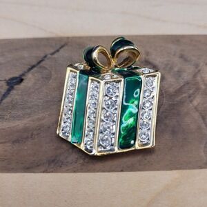 Green Enamel And Silver Tone Christmas Present Figural Brooch